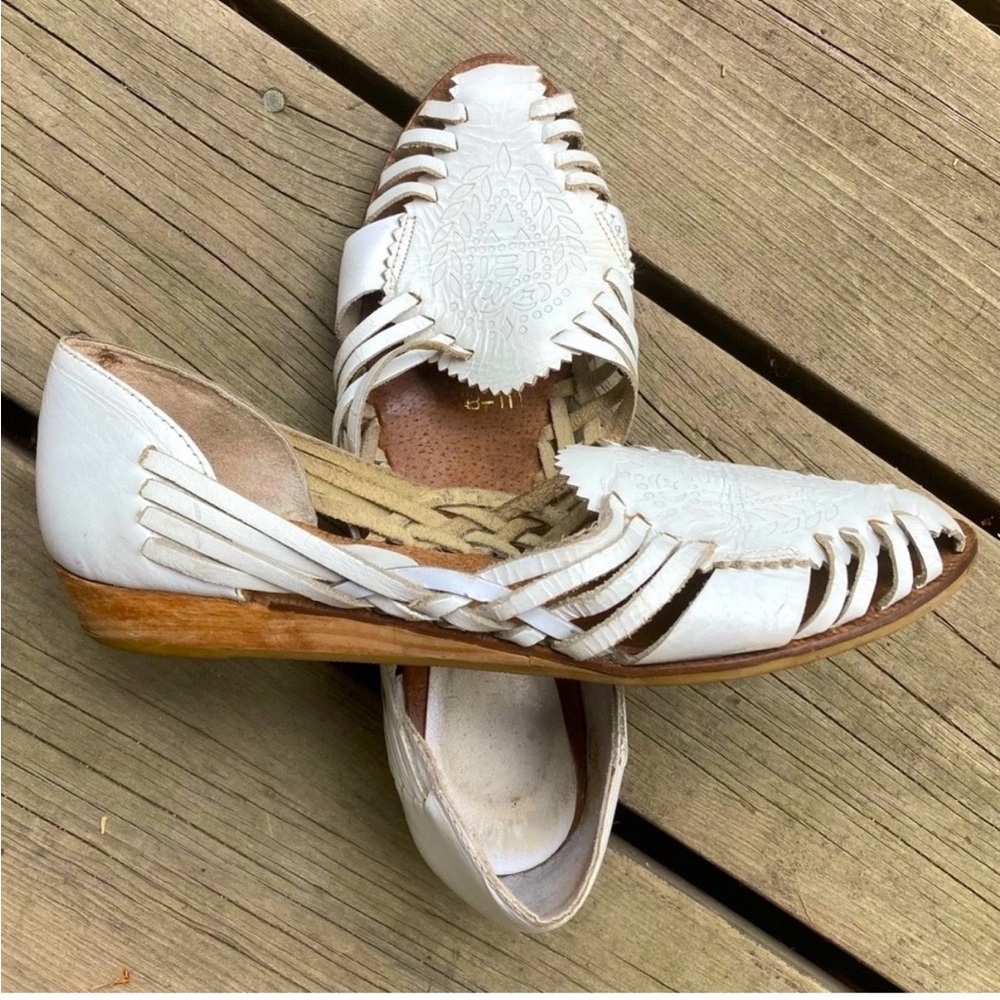 Shoes SANTA MONICA Retro Espadrille Artsy Leather Woven White Brown Wedge Size 7